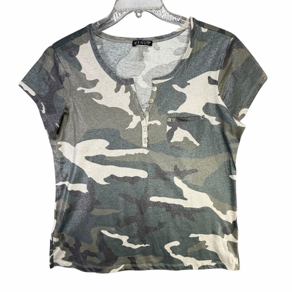 Venus Camo Pocket Top Womens L Green Gray Camouflage‎ Tee Shimmer Gleaming Sheen